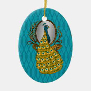 Ovale Verzierung mit dem Pfau, der seine Reflexion Keramikornament