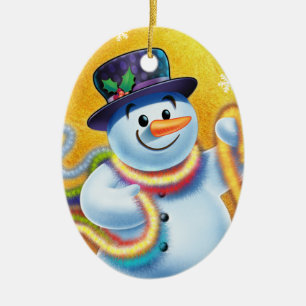 Ovale Weihnachtsbaumdekoration Snowman & tinsel. Keramik Ornament