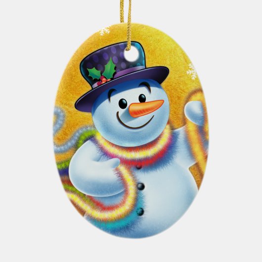 Ovale Weihnachtsbaumdekoration Snowman & tinsel. Keramik Ornament (Hinten)