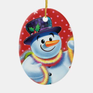 Ovale Weihnachtsbaumdekoration Snowman & tinsel. Keramik Ornament
