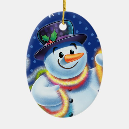 Ovale Weihnachtsbaumdekoration Snowman & tinsel. Keramik Ornament (Vorne)
