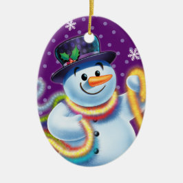 Ovale Weihnachtsbaumdekoration Snowman & tinsel. Keramik Ornament