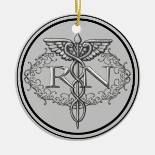 Ovaler silberner Caduceus-RN-Pfleger Keramik Ornament