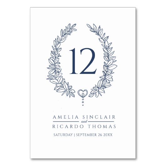 Ovales Kaminblatt dunkelblau auf weißer Hochzeit Tischnummer (Rückseite)