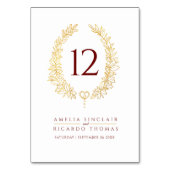 Ovales Kranz Blatt Gold, dunkelrot Text Hochzeit Tischnummer (Vorderseite)