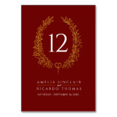 Ovales Kranz Blatt Gold, weiß dunkelrot Hochzeit Tischnummer (Vorderseite)