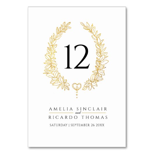 Ovales Kranzblatt in Gold auf weißer Hochzeit Tischnummer (Rückseite)