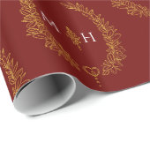 Ovales Leaf-Monogramm, das Gold auf dunkelrot zeic Geschenkpapier (Rolleneckpunkt)