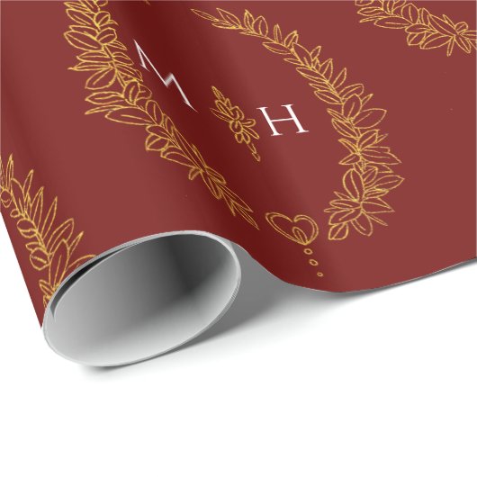Ovales Leaf-Monogramm, das Gold auf dunkelrot zeic Geschenkpapier (Rolleneckpunkt)