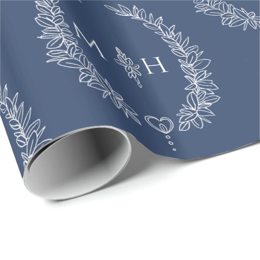 Ovales Leaf-Monogramm zeichnend dunkelblau auf Wei Geschenkpapier (Rolleneckpunkt)