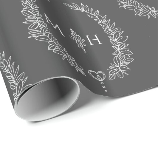 Ovales Leaf-Monogramm zeichnend dunkelgrau auf Wei Geschenkpapier (Rolleneckpunkt)