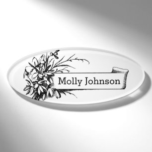 Ovales Schwarzweiss-Blumenmuster auf Namensfahne Namenschild