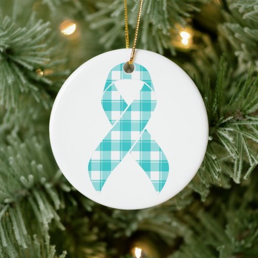Ovarian Cancer Awareness Plaid Teal Ribbon Keramik Ornament (Baum)