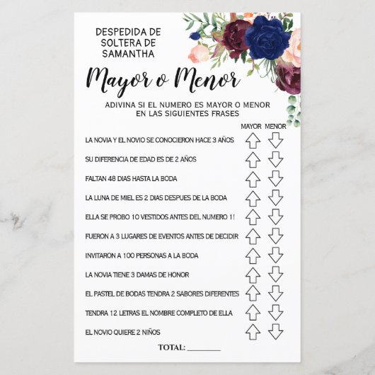 Ove oder Under Brautparty Spanisch Englisch Spiel (Rückseite)