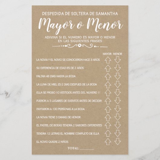 Ove oder Under Brautparty Spanisch Englisch Spiel (Rückseite)