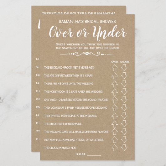 Ove oder Under Brautparty Spanisch Englisch Spiel (Vorne/Hinten)