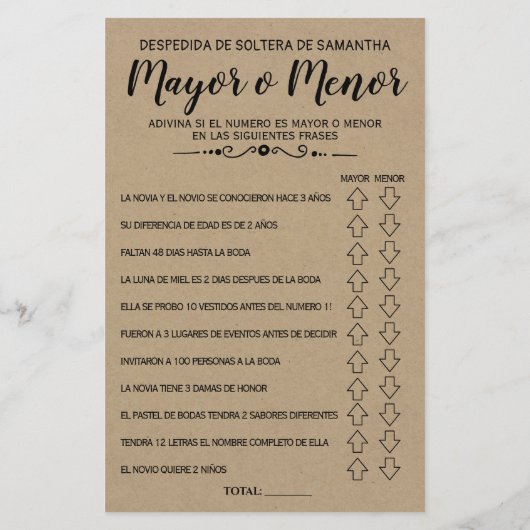 Ove oder Under Brautparty Spanisch Englisch Spiel (Rückseite)