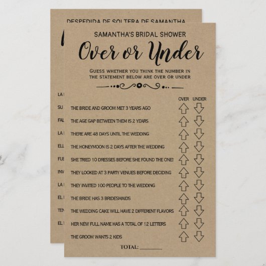 Ove oder Under Brautparty Spanisch Englisch Spiel (Vorne/Hinten)