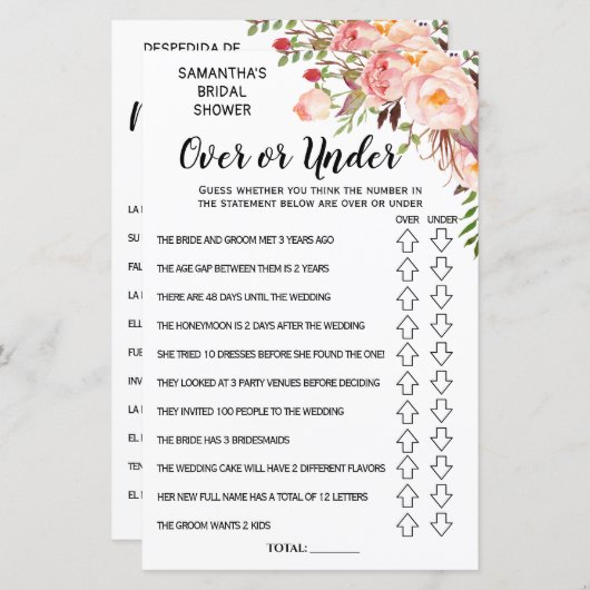 Ove oder Under Brautparty Spanisch Englisch Spiel (Vorne/Hinten)