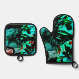 Oven mitt and pot holder dark blue abstract motif  ofenhandschuh & Topflappen-Set