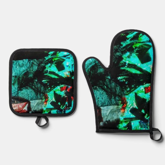 Oven mitt and pot holder dark blue abstract motif ofenhandschuh & Topflappen-Set (Vorderseite)