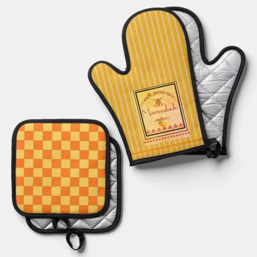 Oven Mitt and Pot Holder Orange Yellow  Ofenhandschuh & Topflappen-Set (Vorderseite/Rückseite)