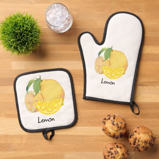 Oven mitt and pot holder set in a refreshing lemon (Oben Unten)