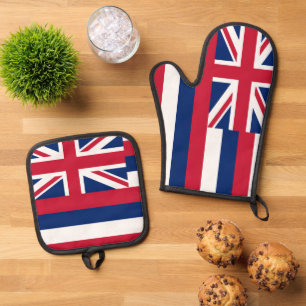 Oven Mitt and Pot Holders, Fahne Hawaii, USA Ofenhandschuh & Topflappen-Set