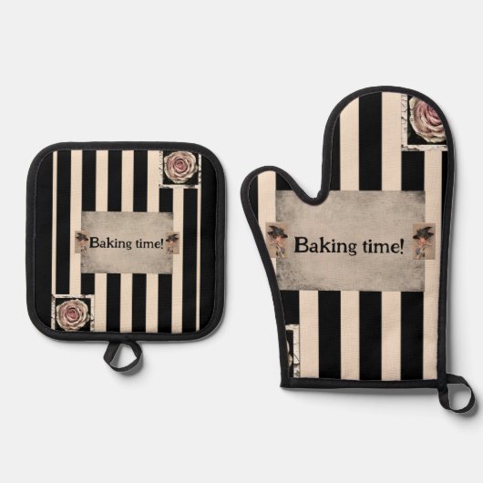 Oven Mitt & Pot Holder Black Baking Time Ofenhandschuh & Topflappen-Set (Vorderseite)