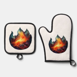 Oven Mitt & Pot Holder - Flammen Artwork Ofenhandschuh & Topflappen-Set