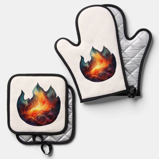 Oven Mitt & Pot Holder - Flammen Artwork Ofenhandschuh & Topflappen-Set (Vorderseite/Rückseite)