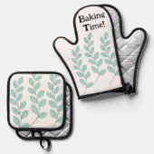 Oven Mitt & Pot Holder Grüne Blätter Backzeit Ofenhandschuh & Topflappen-Set (Vorderseite/Rückseite)