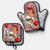 Oven Mitt & Pot Holder Hühner Ofenhandschuh & Topflappen-Set (Vorderseite/Rückseite)