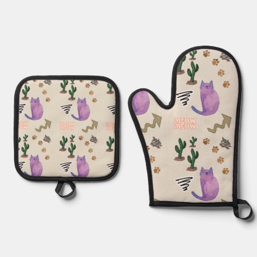 Oven Mitt & Pot Holder Katzen Kätzchen Meow Ofenhandschuh & Topflappen-Set (Vorderseite)