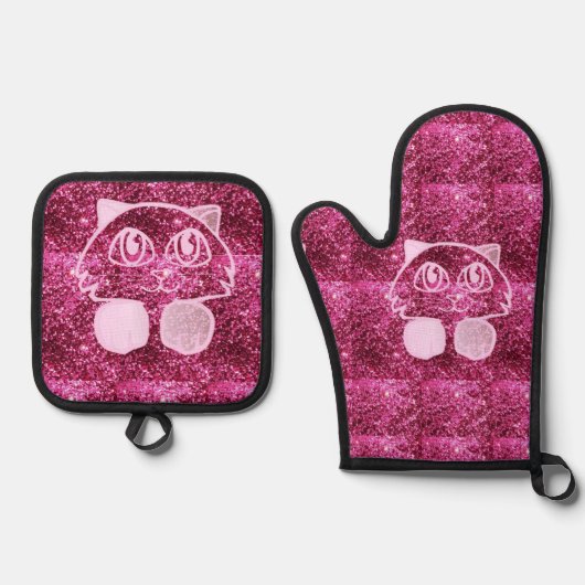 Oven Mitt & Pot Holder Pink Glitzer Cat Ofenhandschuh & Topflappen-Set (Vorderseite)