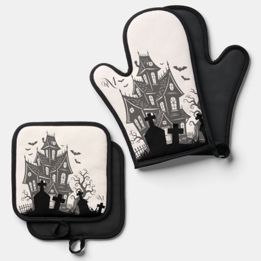Oven Mitt & Pot Holder Set : HALLOWEEN House #1 (Vorderseite/Rückseite)