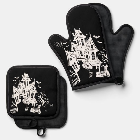 Oven Mitt & Pot Holder Set : HALLOWEEN House #2 (Vorderseite/Rückseite)