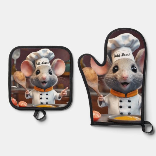 Oven Mitt Pot Holder Set Personalize Chef Mouse (Vorderseite)