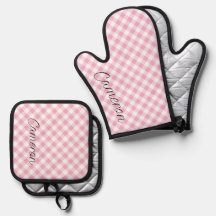 Oven Mitt Pot Holder Set Pink Gingham Personalisie
