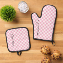 Oven Mitt Pot Holder Set Pink Gingham Personalisie