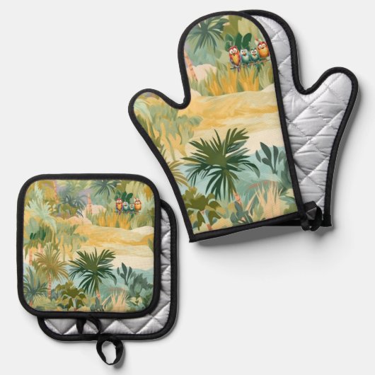 Oven Mitt & Pot Holder Set Tropical Design (Vorderseite/Rückseite)