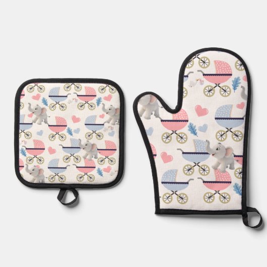 Oven Mitt & Pot Holders Baby Stroller Elephant Ofenhandschuh & Topflappen-Set (Vorderseite)