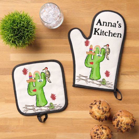 Oven Mitt & Pot Holders Cactus Desert Ofenhandschuh & Topflappen-Set (Oben Unten)