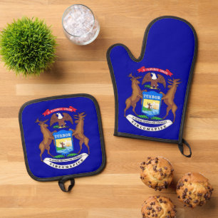 Oven Mitt, Pot Holders mit der Flagge von Michigan Ofenhandschuh & Topflappen-Set