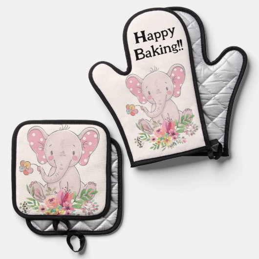 Oven Mitt & Pot Holders Pink Elephant Ofenhandschuh & Topflappen-Set (Vorderseite/Rückseite)