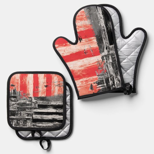 Oven Mitt & Pot Holders Red Pulse Abstract Design Ofenhandschuh & Topflappen-Set (Vorderseite/Rückseite)