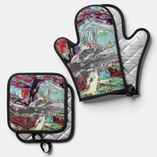 Oven Mitt & Pot Holders – Strata Pulse Ofenhandschuh & Topflappen-Set (Vorderseite/Rückseite)