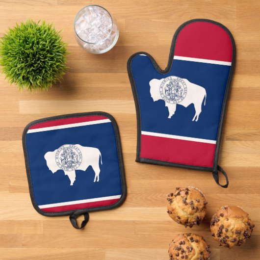 Oven Mitt, Pot Holders, Wyoming flag Ofenhandschuh & Topflappen-Set (Oben Unten)