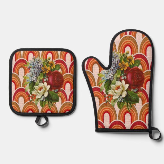 Oven Mitt & Pot Holdings Blumenrot Orange Ofenhandschuh & Topflappen-Set (Vorderseite)