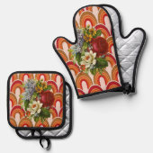 Oven Mitt & Pot Holdings Blumenrot Orange Ofenhandschuh & Topflappen-Set (Vorderseite/Rückseite)